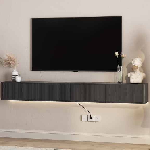 HIUU Black TV Stand with Storage,Wall Mounted TV Stand with Led Lights & Power Outlet,Floating TV Stands,Wood TV Stands for Living Room