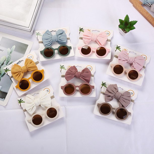 2Pcs/Pack Vintage Kids Summer Bows Headband Round Sunglasses Children Sun Glasses Protection Glasses Baby Hair Accessories3 He Qiyong unisex