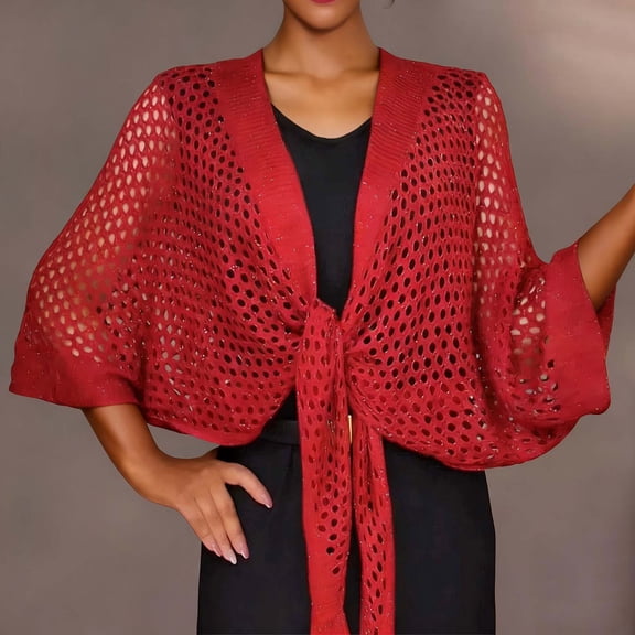 BLTIBY Womens Hollow Out Cover Up Short Knit Cardigan Shawl Wrap Front Batwing Sleeve Sun Protection Cover ups Red Free Size