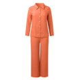 thumbnail image 4 of HJYCHN Women Summer Two Piece Outfit Set with Long Sleeve Blouse and Flowy Wide Leg Pants for Casual Comfort and Beach Wear Orange S, 4 of 5