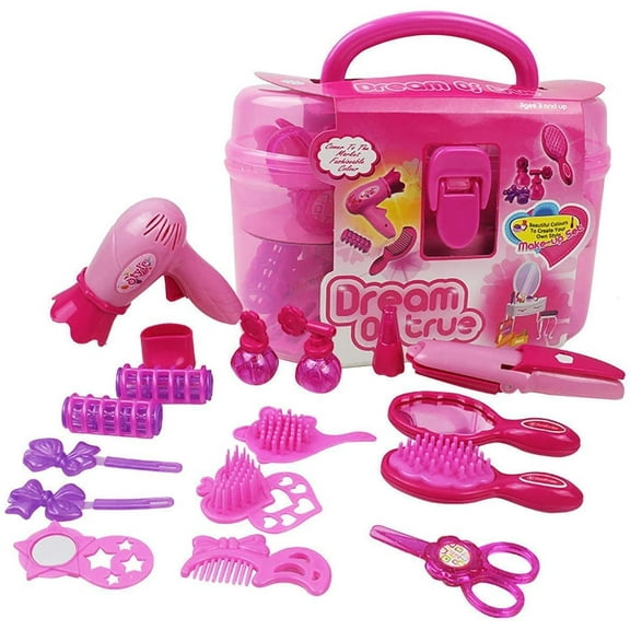 TiokMc Kids Beauty Salon Pretend Play Makeup Kit for Girls, 17pcs Hair Styling Set with Brush, Mirror, Hairdryer & Accessories for Ages 1-8
