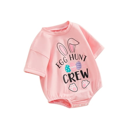 

Suealasg Infant Newborn Boys Girls Easter Romper 3M 6M 12M 18M Baby Summer One Piece Clothes Short Sleeve Letter Bunny Ear Egg Print Bodysuit
