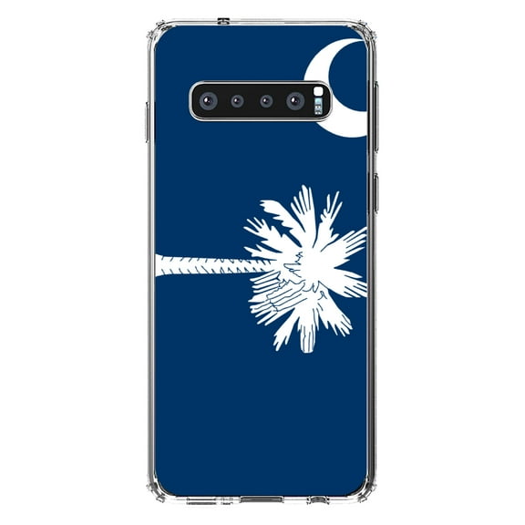 DistinctInk Clear Shockproof Hybrid Case for Samsung Galaxy S10 (6.1" Screen) - TPU Bumper, Acrylic Back, Tempered Glass Screen Protector - South Carolina State Flag - US State Flag