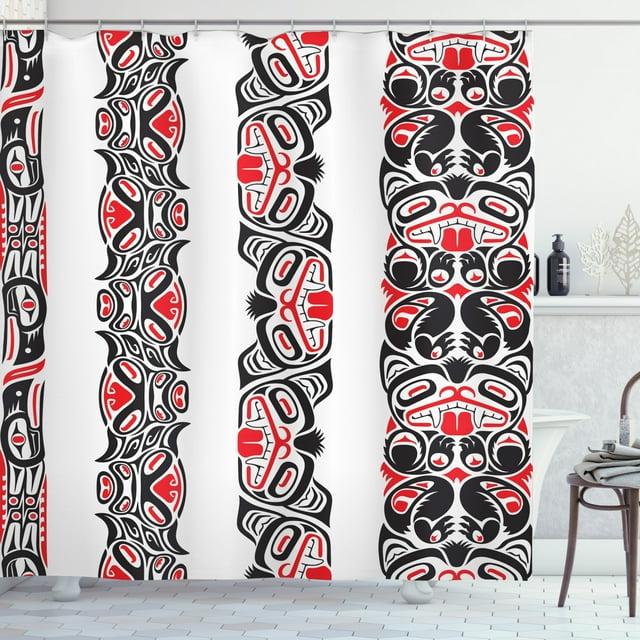 Ambesonne Prehistoric Shower Curtain, Haida Motifs Style, 69"Wx75"L, Black Vermilion White
