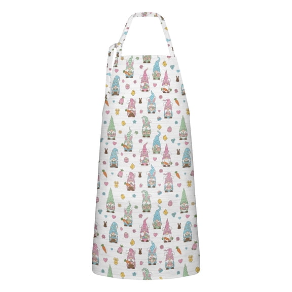 Easter and Gnomes White Pattern Apron with Pockets, Cotton Linen Waterproof Adjustable Apron for Women, Kitchen Cooking Gardening BBQ Salon Apron, 33x27 Inch