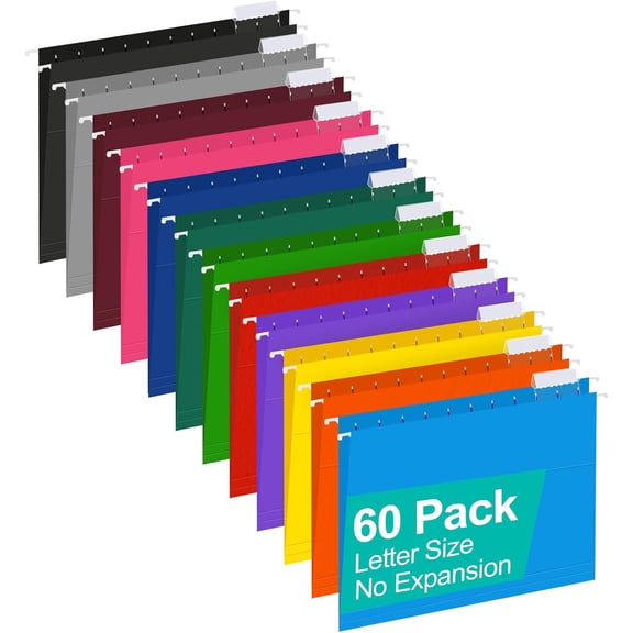 12 Pack Hanging File Folders, Letter Size with 1/5-Cut Adjustable Tabs, 12 Selected Color - File Folder Organizer for Filing Cabinet Office Home, Designed for Bulky Files, Medical Charts