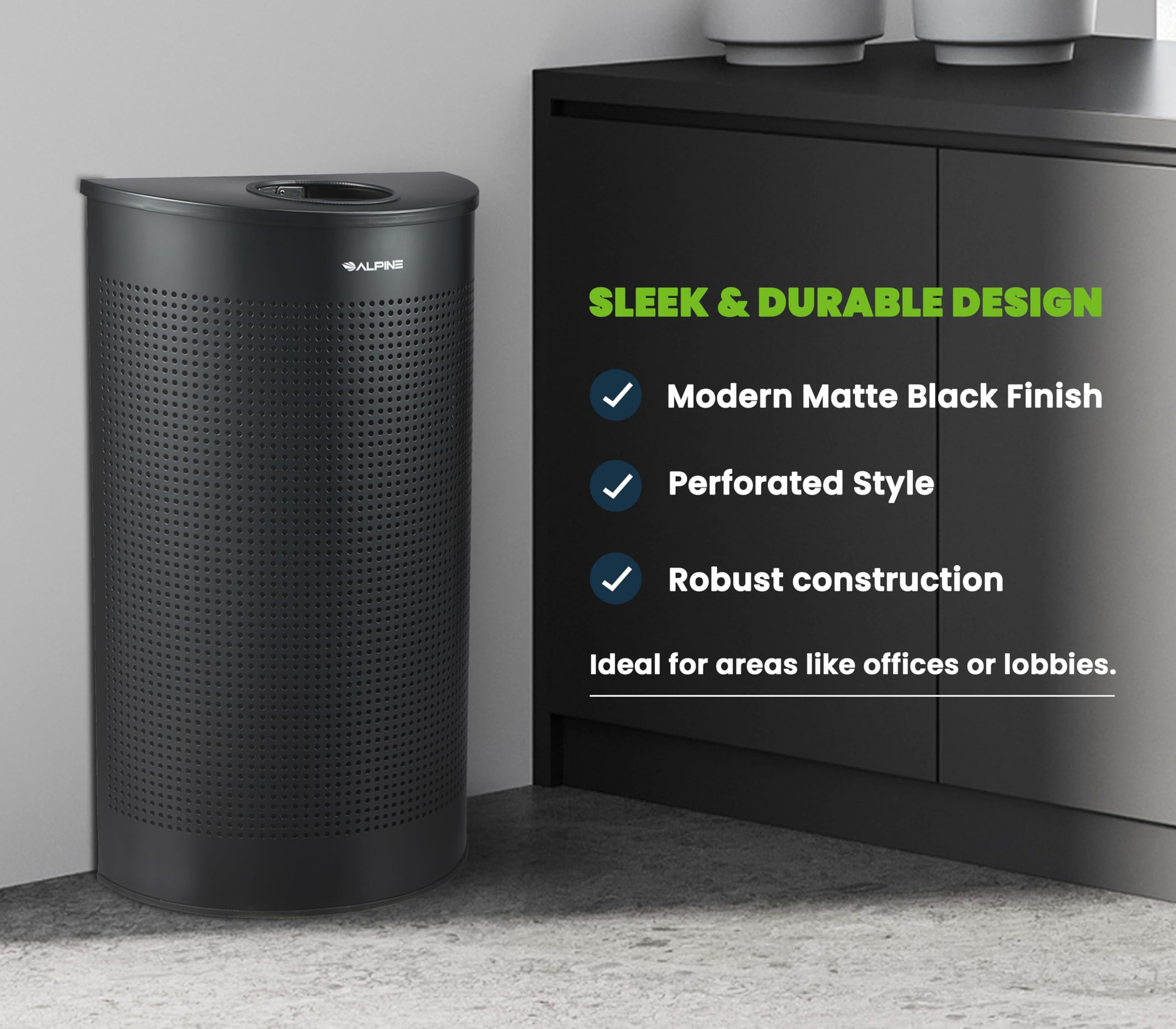 Alpine Half Round Trash Can Open Top - Modern Black Metal 12 Gallon Trash Can, Space Saving Indoor Commercial Trash Can, Perfect for Bathroom, Office, Lobby and Business.