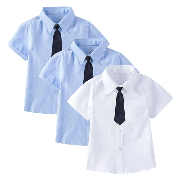 HAOTAGS Boys 3 PC Button-Up Shirts,School Uniform with Bow Tie Solid Color Short - Sleeve Shirts Blue 6-7