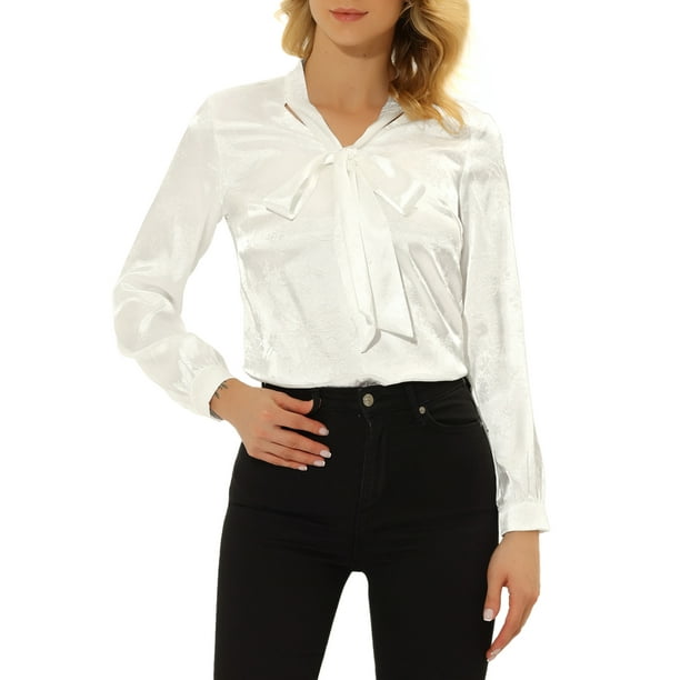 Blusa de trabajo de manga larga con cuello de lazo de puntos irregulares para mujer Allegra K XS blanco roto