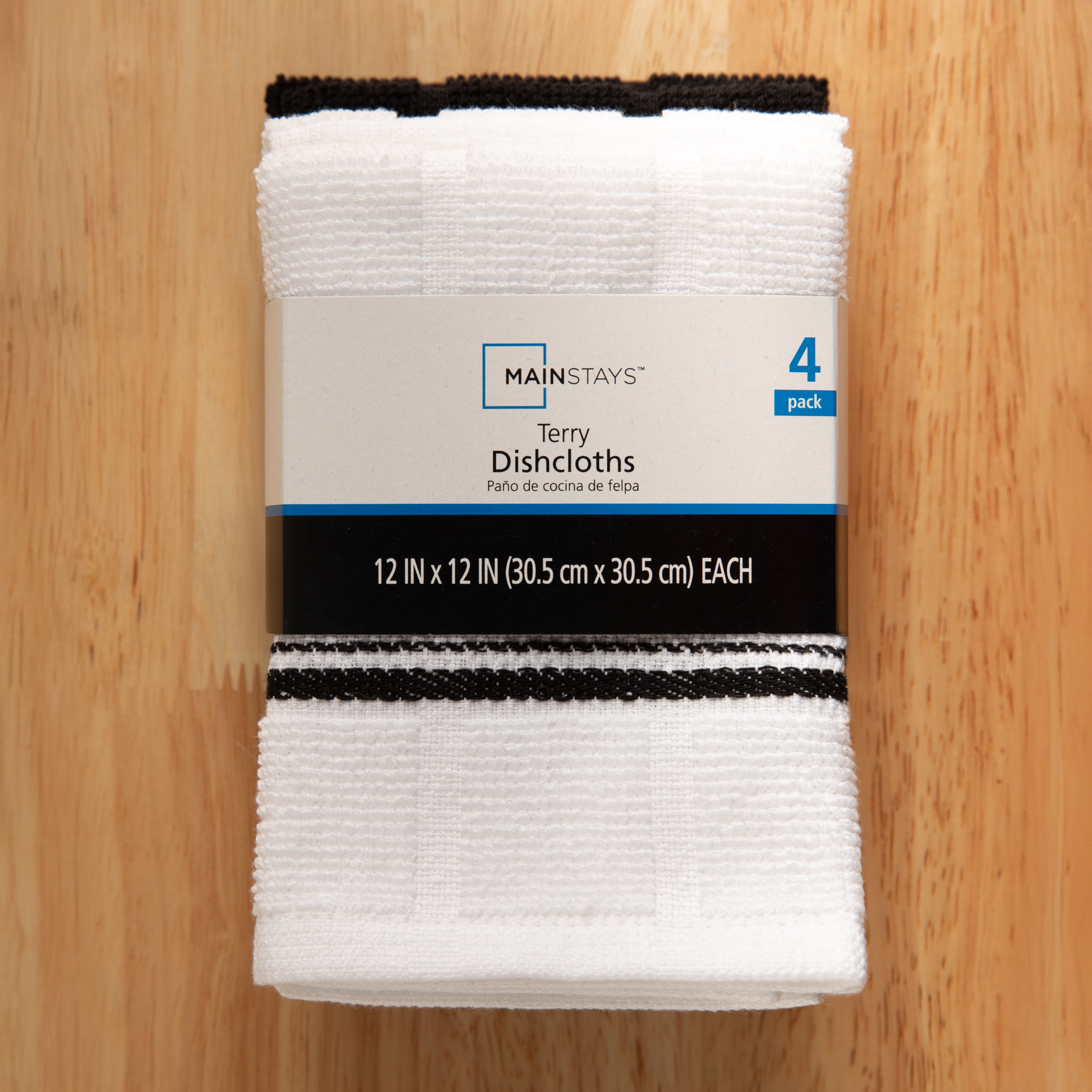 Mainstays Cotton Dishcloths, Black & White Stripe, 12 x 12 Inches, 4 Pack