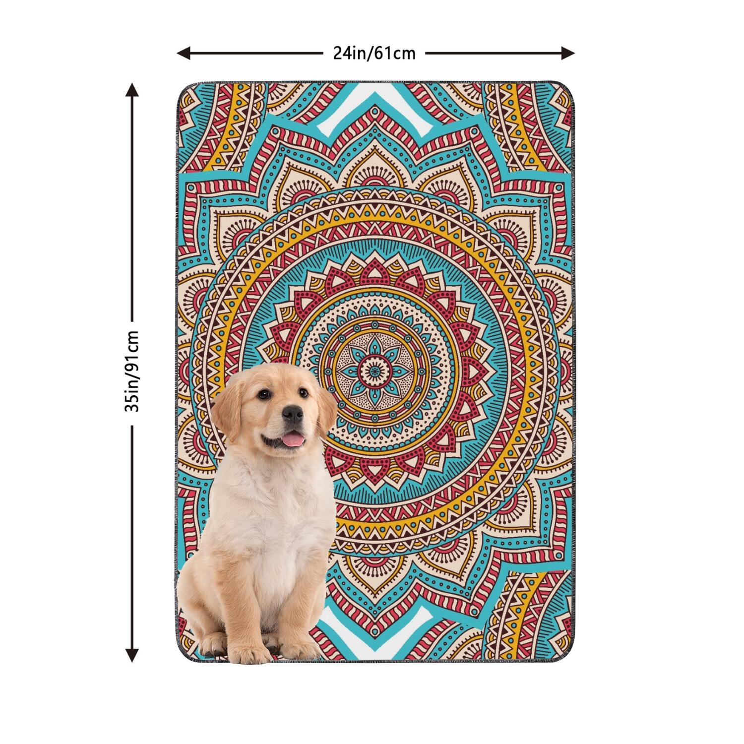 Washable Pee Pads for Small Dogs, 24" x35" Mandala Art, Reliable Potty Solution for Indoor Training, Strong Grip on Tile and Wood Floors.