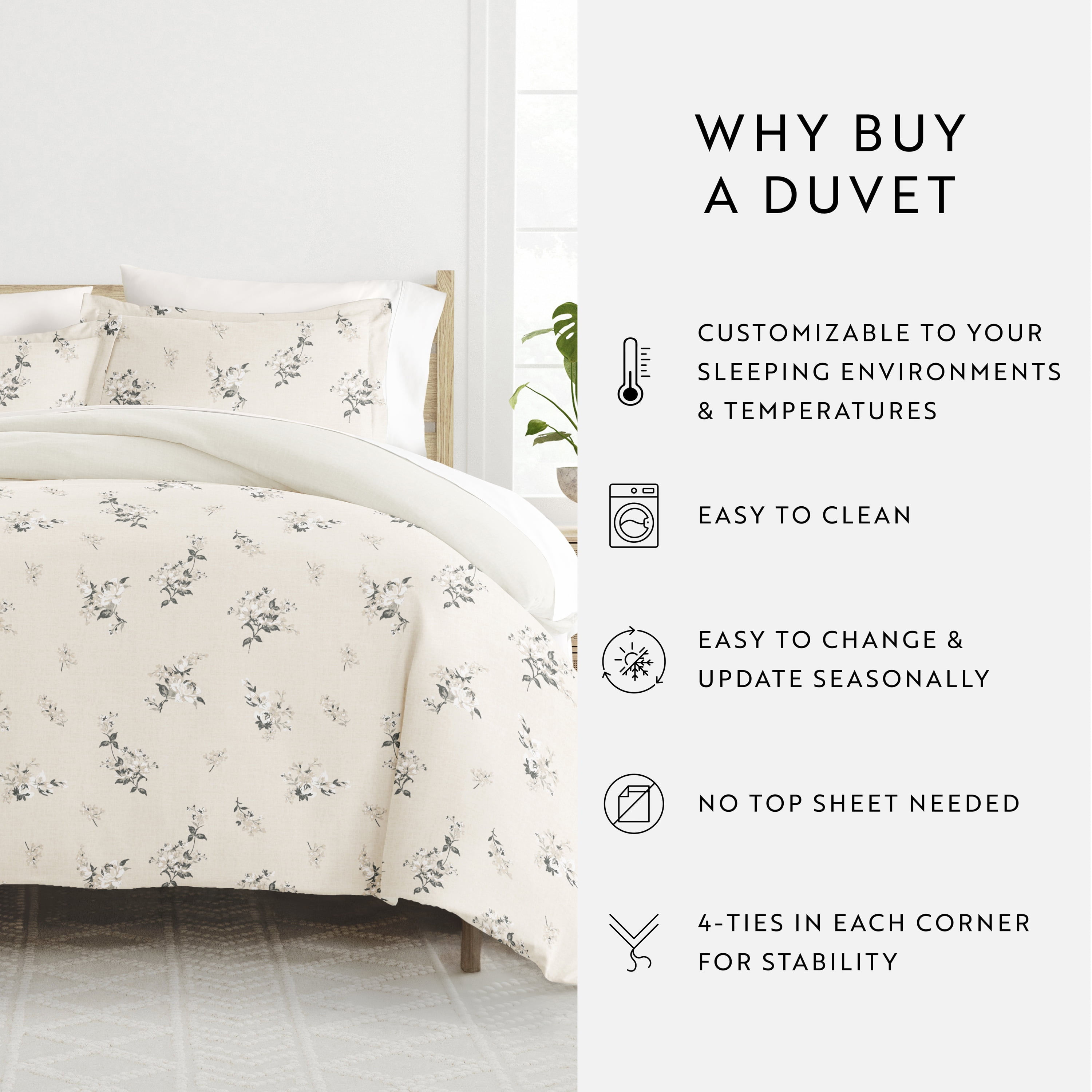 Noble Linens Delicate Floral Ivory 3-Piece Patterned Duvet Cover Set, King