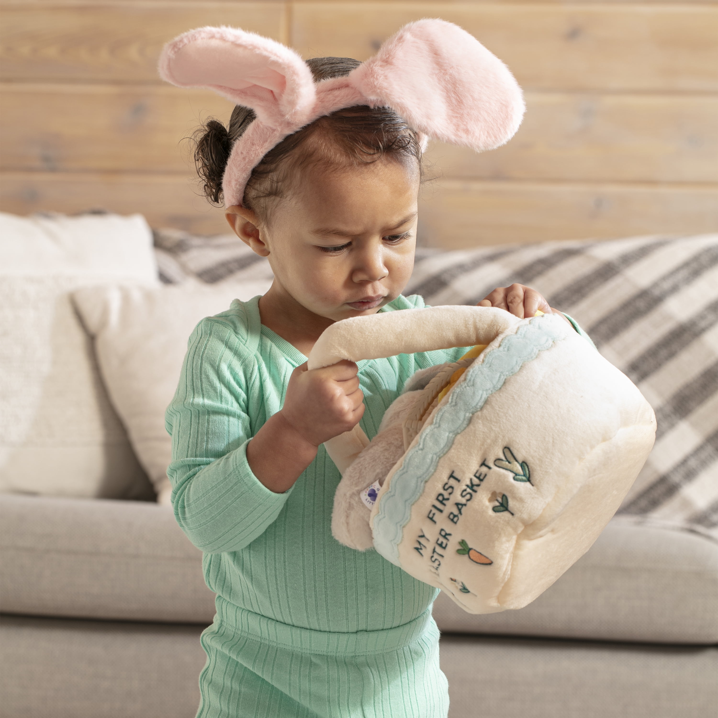 Easter Baby Plush Playset with Easter Basket, Bunny Holding Carrot, Easter Egg, and Squeaky Chicken, Sensory and Decorative Toys for Babies & Newborns