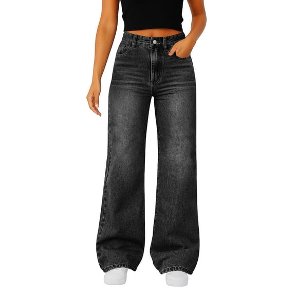 Yungyresw Women Wide Leg Jeans Y2K Loose Fit Wide Leg High Waisted Baggy Denim Pants Outdoor Fashion Casual Streetwear Black L