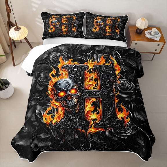 Feelyou Fire Skull Rose Letter Twin Quilt Set for Men, Flame Gothic Floral Twin Coverlet Set, Black Orange, 2 Pieces