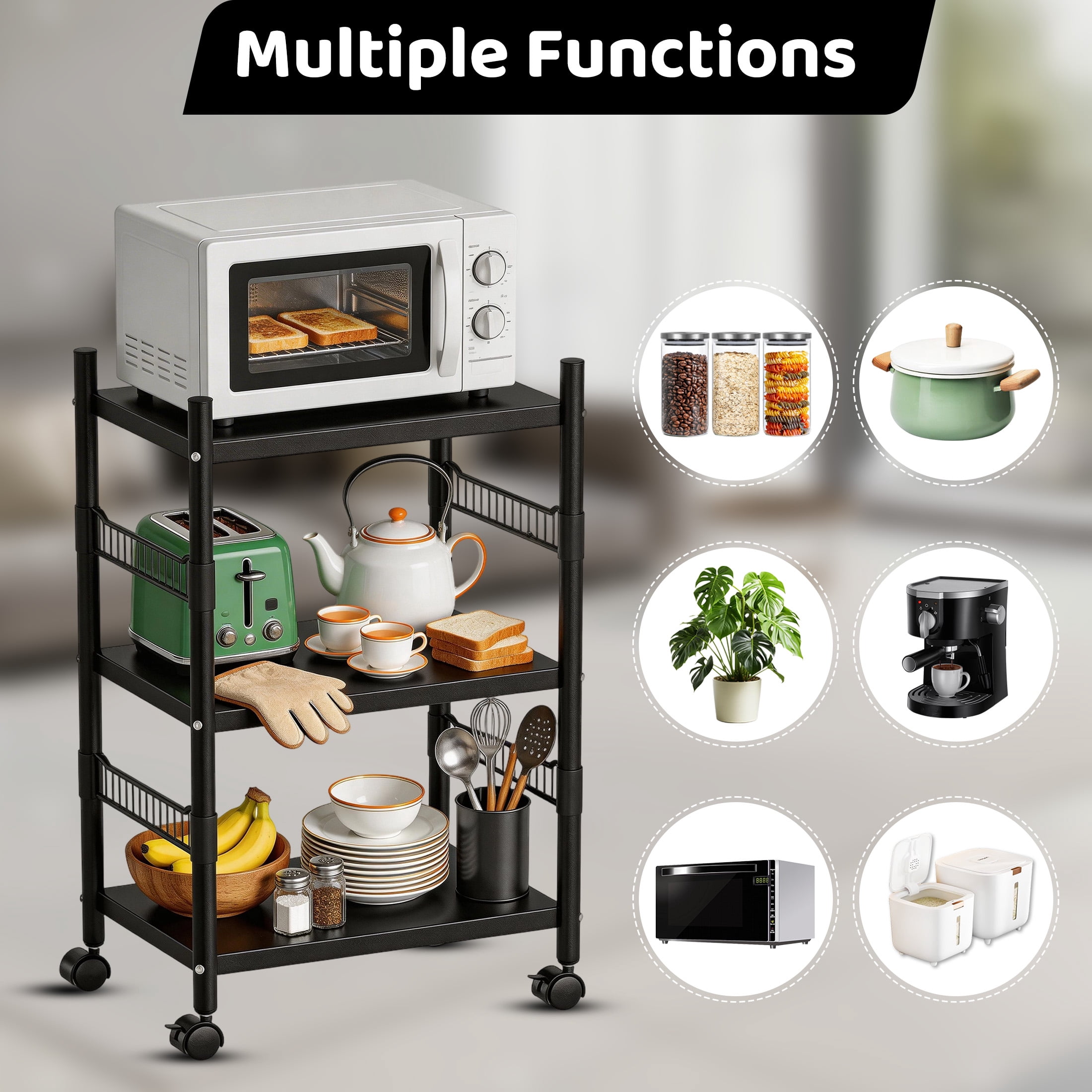 3-Tier Kitchen Microwave Cart, Rolling Utility Storage Cart, Utility Shelf Microwave Stand Storage Cart with Wheels and 4 Hooks, Microwave Oven Storage Cart for kitchens Bathrooms Offices
