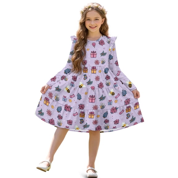 FKELYI Girls Crewneck Dress A-Line Tiered Swing Dress Purple Flower Bee Print Ruffle Long Sleeve Fall Sundress Midi Playwear for Party Birthday, 9-10 Y