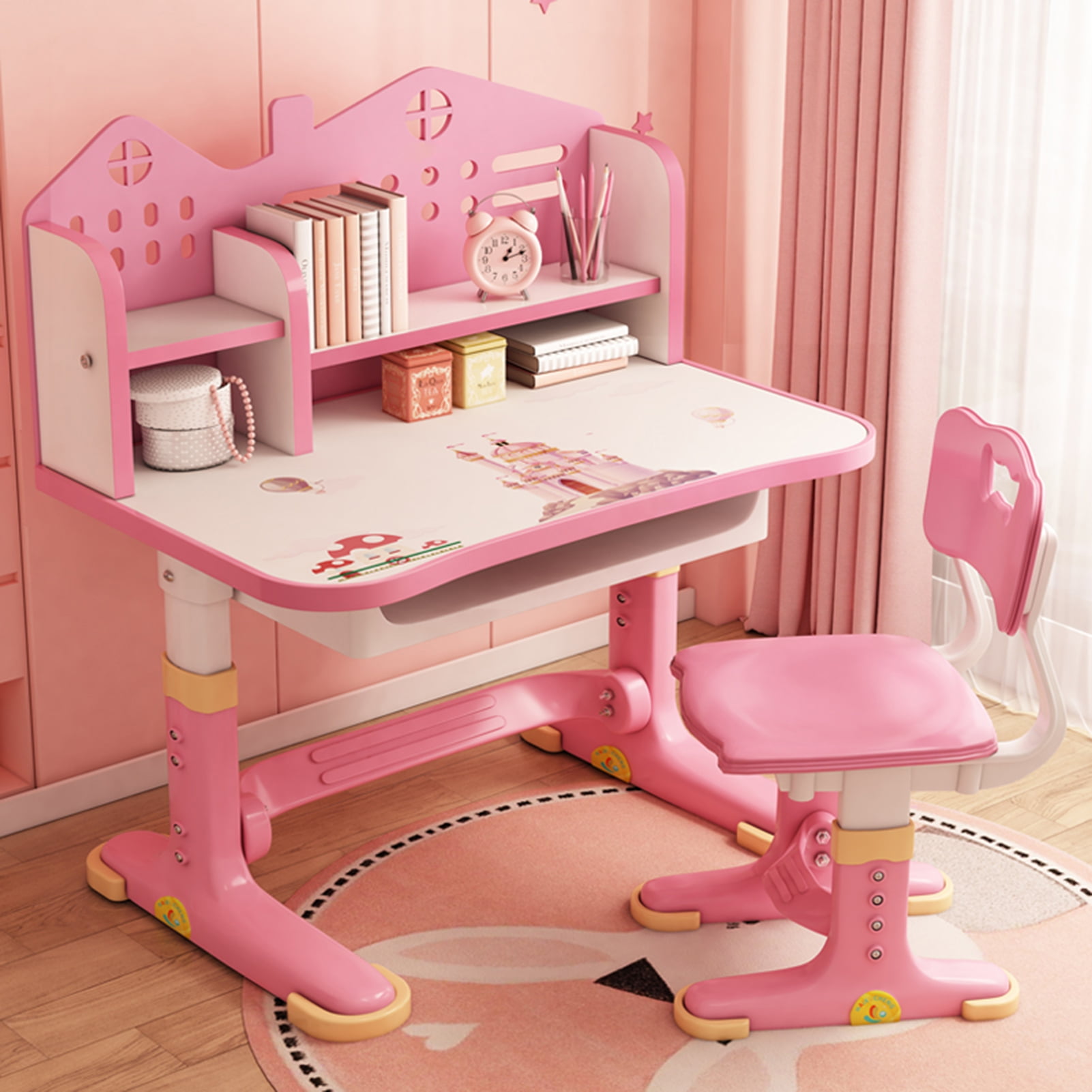 Wharick Kids Desk Chair Set, Height Adjustable Children School Study Desk with Castle Backboard, Bookstand and Storage Drawer Table for Girl and Boy