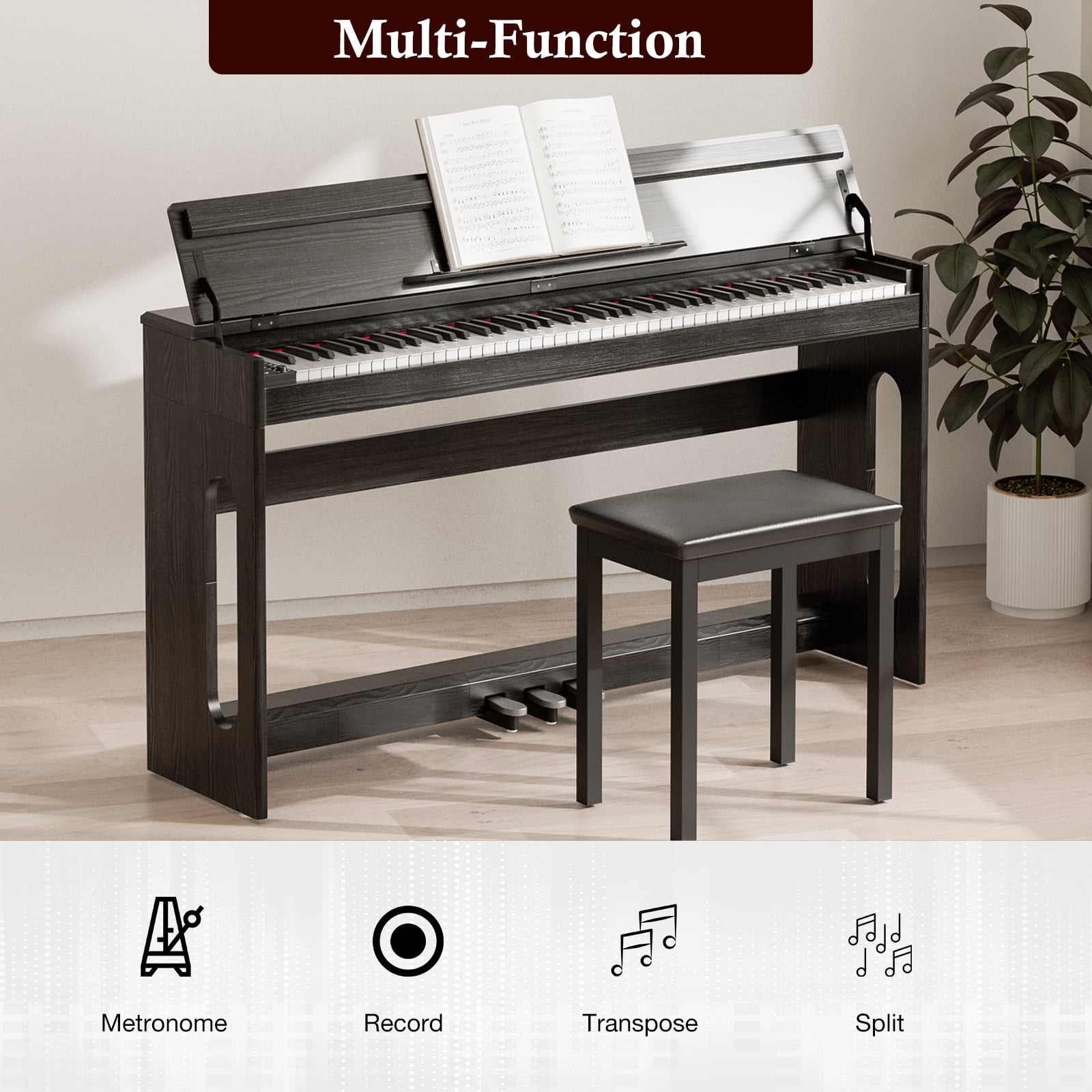 UMOMO 88 Key Digital Piano Keyboard, Full Size Electric Piano with Piano Stand, Headphone Jack, 3 Pedal, Electronic Piano for Beginner, Adults, Black