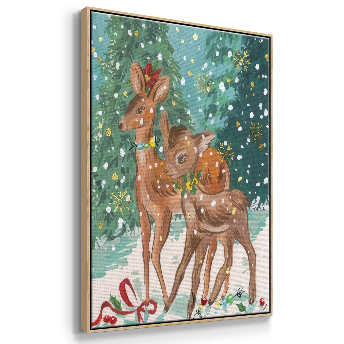 Doe and Fawn I - Framed Gallery Wrapped Holiday Canvas - 25 x 37 - Natural Wood Frame