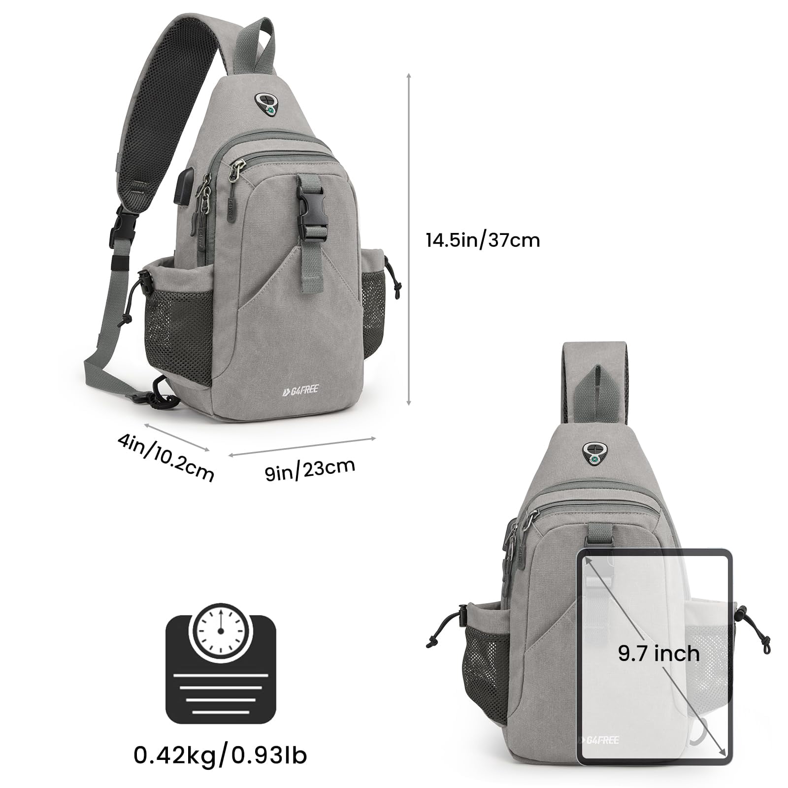 G4Free Canvas Sling Bag Crossbody Backpack with USB Charging Port & RFID Blocking, Hiking Daypack Chest Bag for Women Men