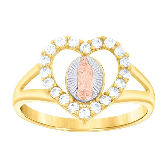 14k Gold Womens Tri-color CZ Guadalupe Mary Love Heart Religious Ring Band 12.3x1.9mm Wide Size 7 Statement Ring for Wom