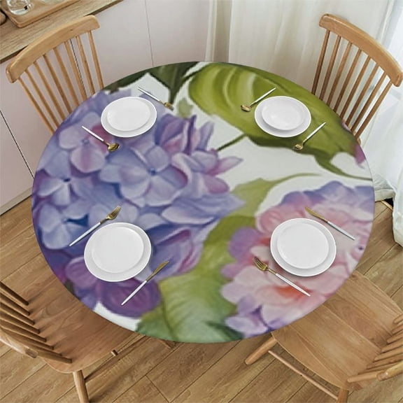 HAOXIT Spring Hydrangea Floral Butterfly Tablecloth Round Round Table Cloth , Purple Green Indoor or Outdoor Tablecloth, Waterproof Washable Table Cover for Party Holiday Picnic Decoration 31-35