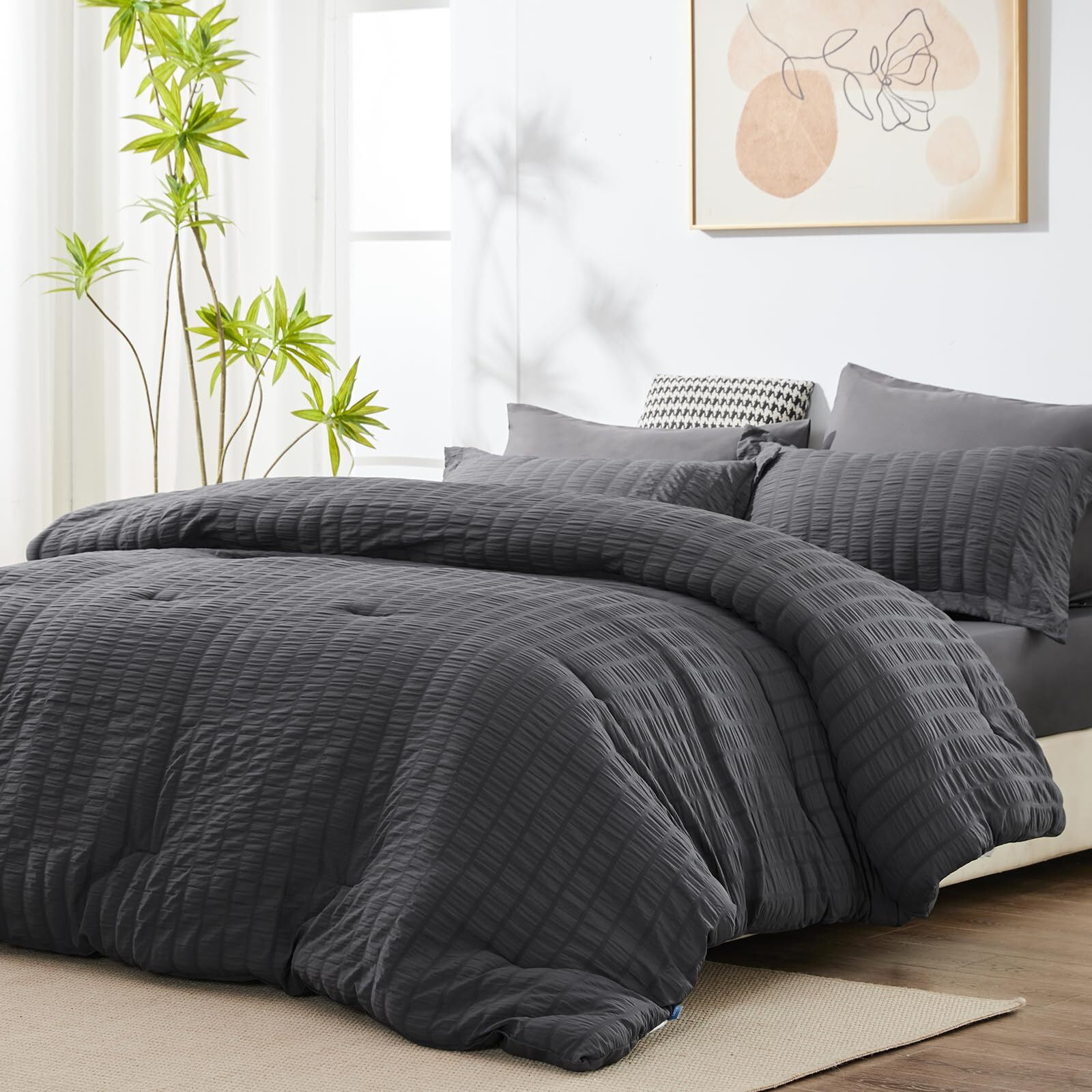 JUSTLET Queen Seersucker Comforter Set with Sheets Dark Grey Bed in a Bag 7-Pieces All Season Bedding Sets with Comforter, Pillow Sham, Flat Sheet, Fitted Sheet, Pillowcase