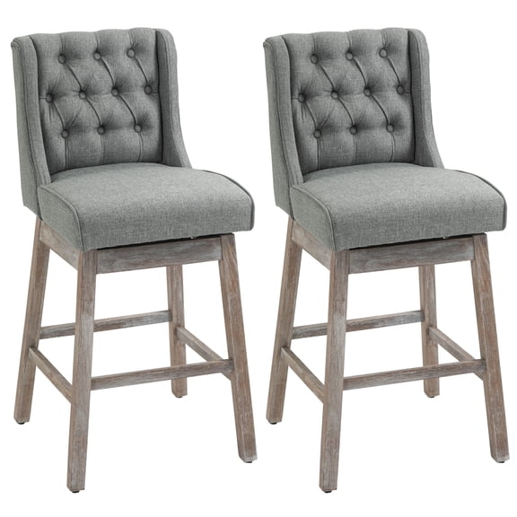 Set of 2 Bar Height Bar Stools, 30" Swivel Kitchen Island Chairs with Button Tufted Grey Fabric, Solid Rubberwood Legs and Footrests for Home Bar, Counter or Dining Area