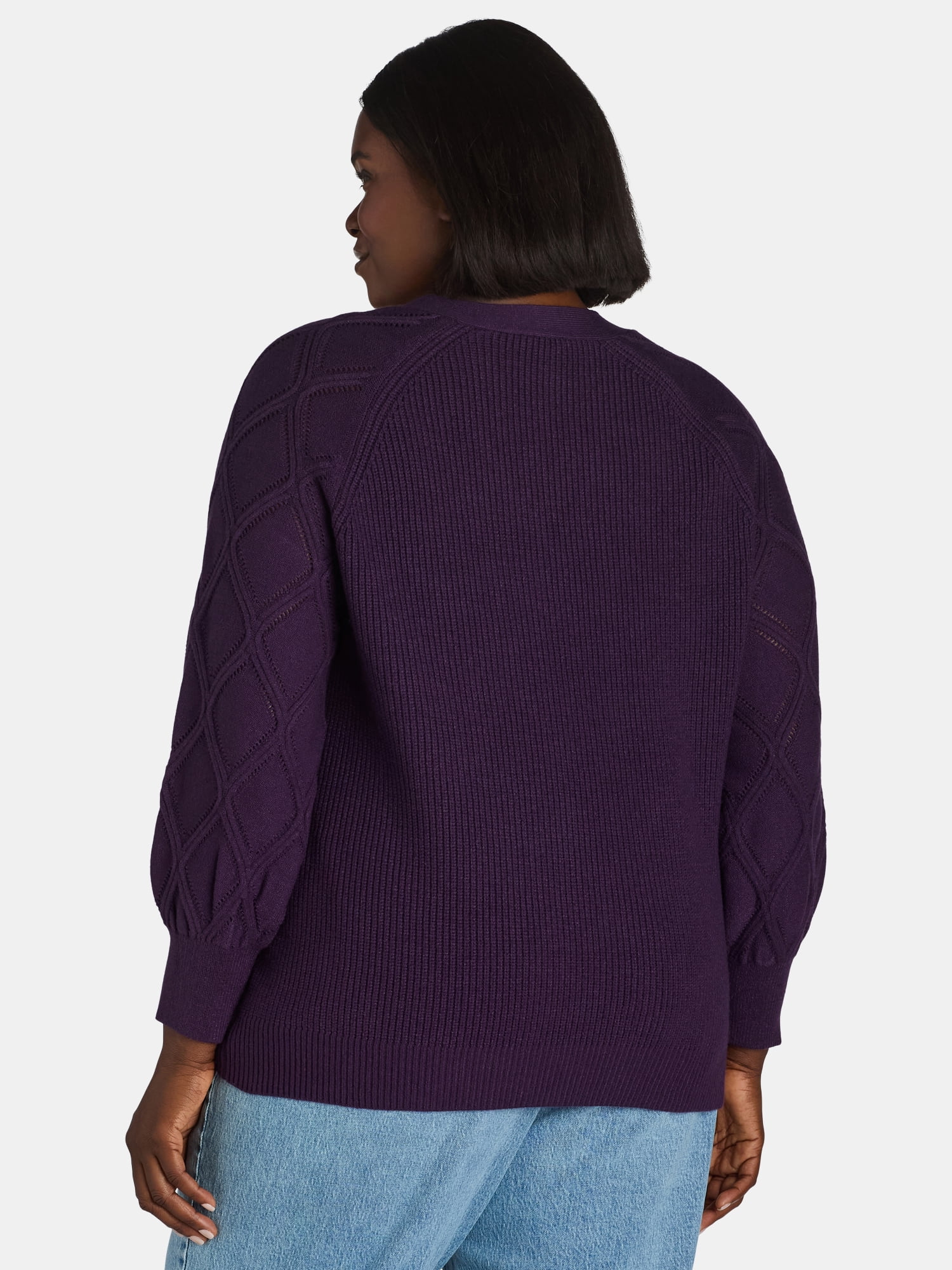 Terra & Sky Women's Plus V-Neck Pointelle Knit Sweater, Midweight, Sizes 1X-5X