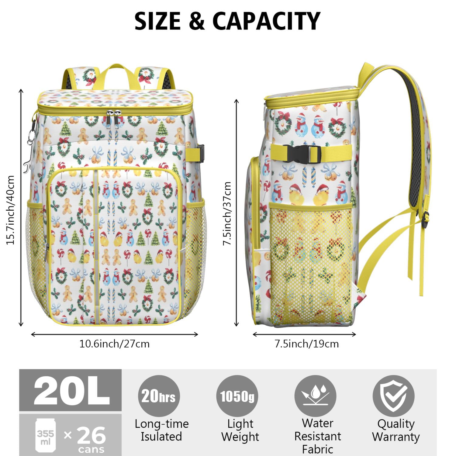 Travel Cooler Bag - Multicolor Christmas Pattern Camping Beer Cooler Backpack with Bottle Opener- Waterproof Insulated Picnic Backpacks - Cooler Bag for Beach