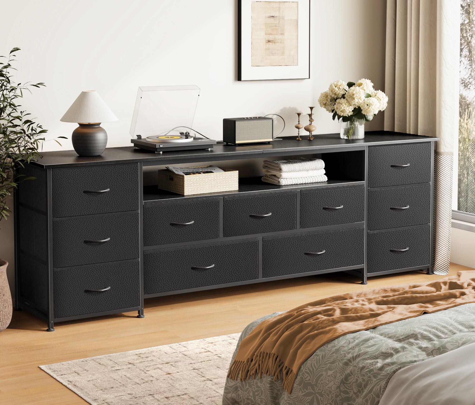 Amadwell Large TV Stand for 75, 80 Inch TVs, 11 Drawer Long Dresser with Power Outlets & LED Lights, 70 inch Entertainment Center