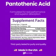 HealthFare Pantothenic Acid 500mg Vitamin B5 Supplement | 200 Vegan Capsules | Extra Strength Energy & Metabolism Support | Non-GMO, Gluten-Free | Made in USA