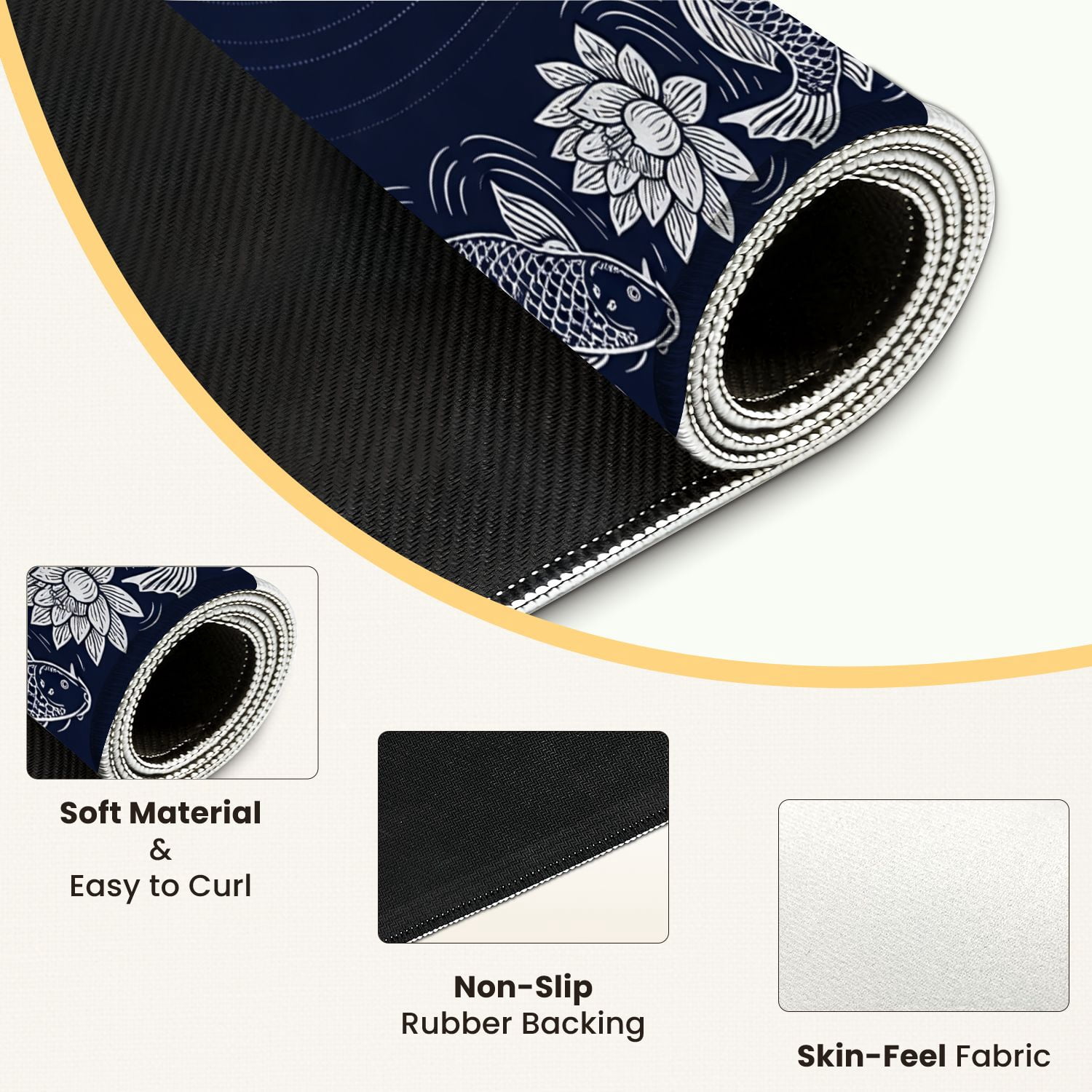 Mahjong Mat 31.5" x 31.5" Elegant Koi Fish Water Lily Circular Dark Blue Non-Slip Noise Reduction Mahjong Tiles Table Cover for Dominoes Poker Card Board and Tile Games