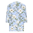 thumbnail image 3 of Felirenzacia Ladies V-Neck Blouse, White Three-Quarter Sleeve Top, Large Purple Floral Pattern with Gray Leaves, 3 of 5