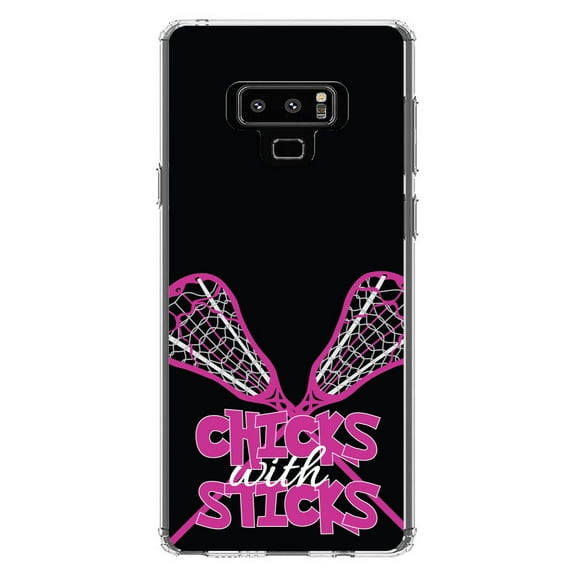 DistinctInk Clear Shockproof Hybrid Case for Samsung Galaxy Note 9 - TPU Bumper, Acrylic Back, Tempered Glass Screen Protector - Hot Pink Lacrosse - Chicks with Sticks