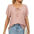 thumbnail image 4 of Women's V Neck Eyelet Tops Ruffle Short Sleeve Tie Neck Casual Shirts Blouses Solid Loose Fit Lightweight Tunic Tops, 4 of 7