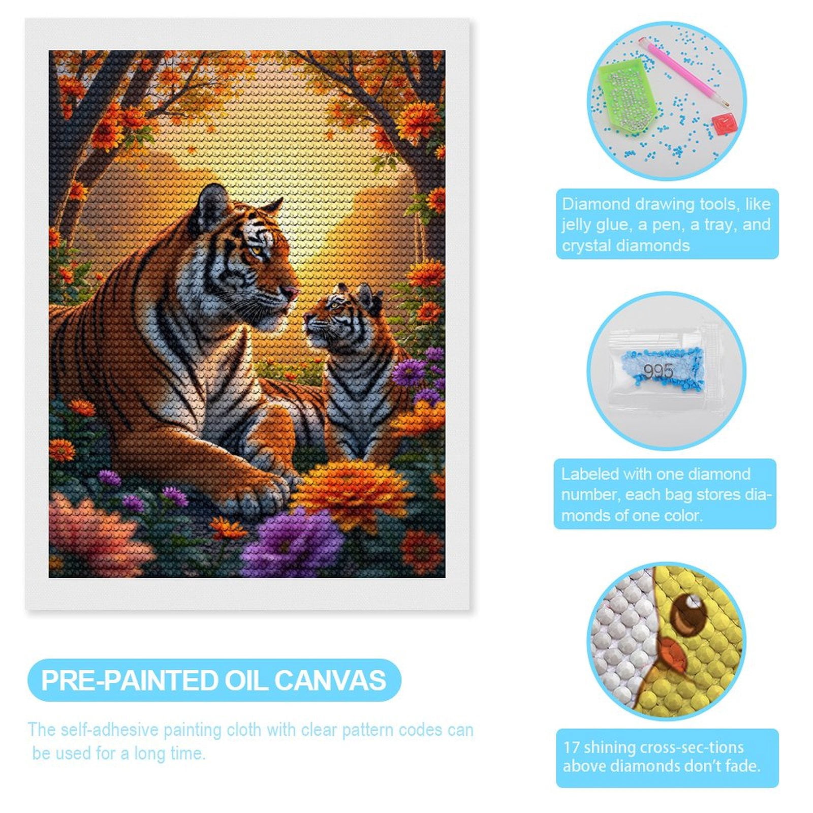 Diamond Art Kits for Adults, Tiger Family Amidst Blossoms 5D Diamond Painting Kits for Adults Beginners, DIY Full Drill Diamond Painting, Gem Art and Crafts 12x16