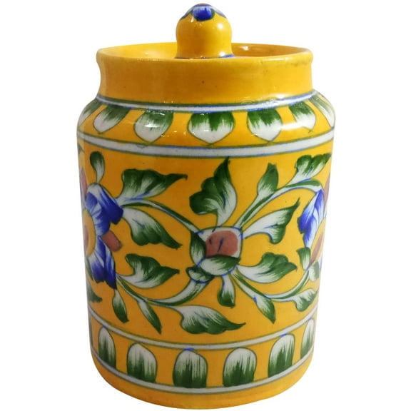 India Meets India Ceramic Blue Pottery Art Jar Barni Storage Jar 500 ML, Best for Gifting, Handicraft By Awarded Indian Artisan