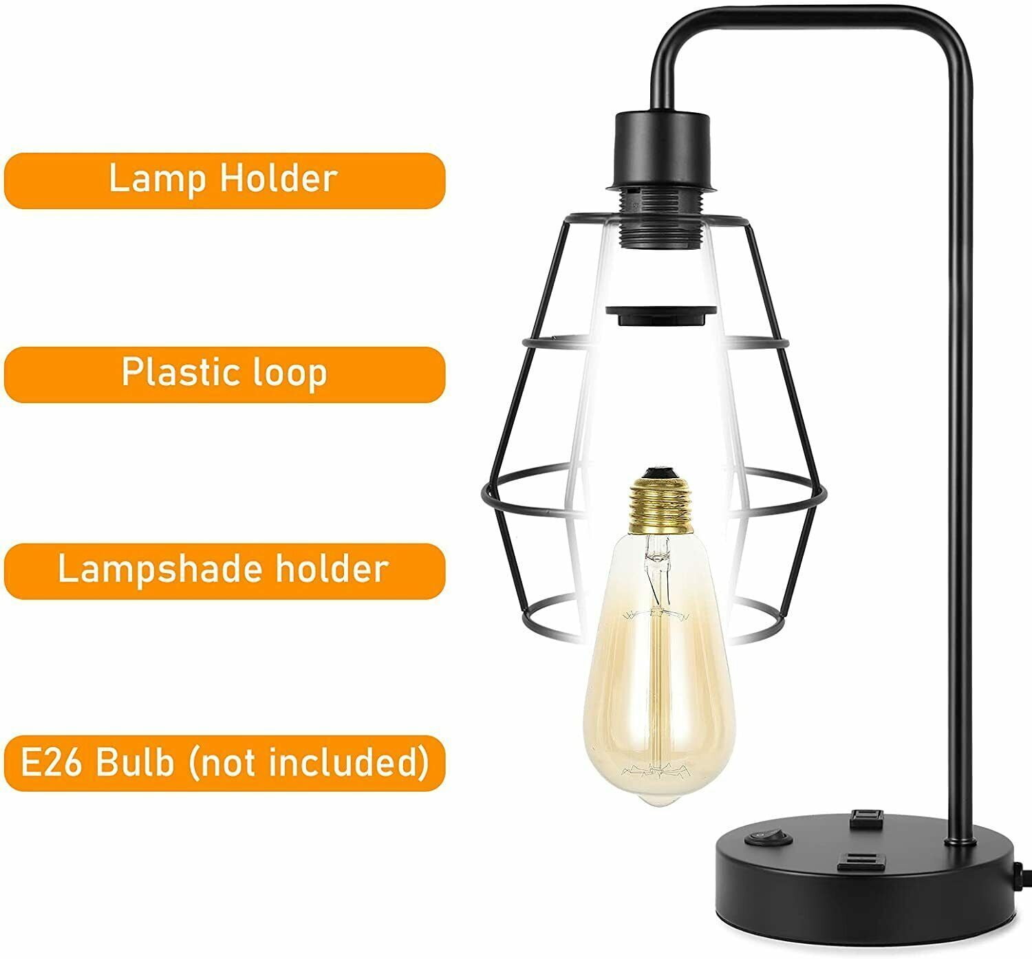 2 Pcs Industrial Table Lamp Nightstand Bedside Lamps w/ Dual USB Ports AC Outlet