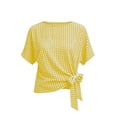 thumbnail image 4 of Women's Gingham Cotton Tops Summer Oversized Crew Neck Bow Tie Waist Blouse Fashion Casual Short Sleeve Daily Wear Shirt Yellow, 4 of 5