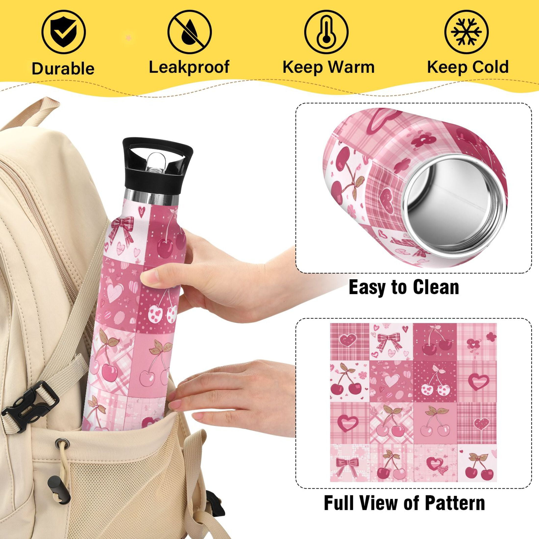 Kids Insulated Stainless Steel Sports Water Bottle 600ml (20oz) Cherry Pattern with Bows