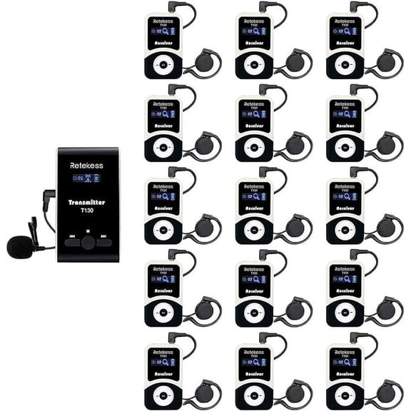 Retekess T130 Wireless Tour Guide System Headsets,99 Channels,1 Transmitter and 15 Receiver for Speakers