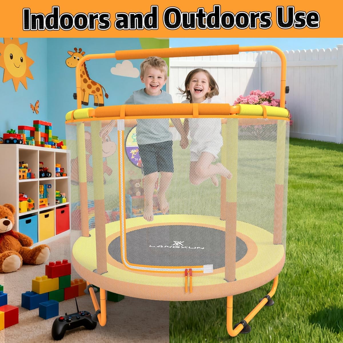 LANGXUN 5ft 60 inch 6-in-1 Kids Trampoline, Toddler Mini Bouncer with Swing, Basketball Hoop, Dart Board and Ring Game, Indoor Outdoor Play Set for Boys Girls