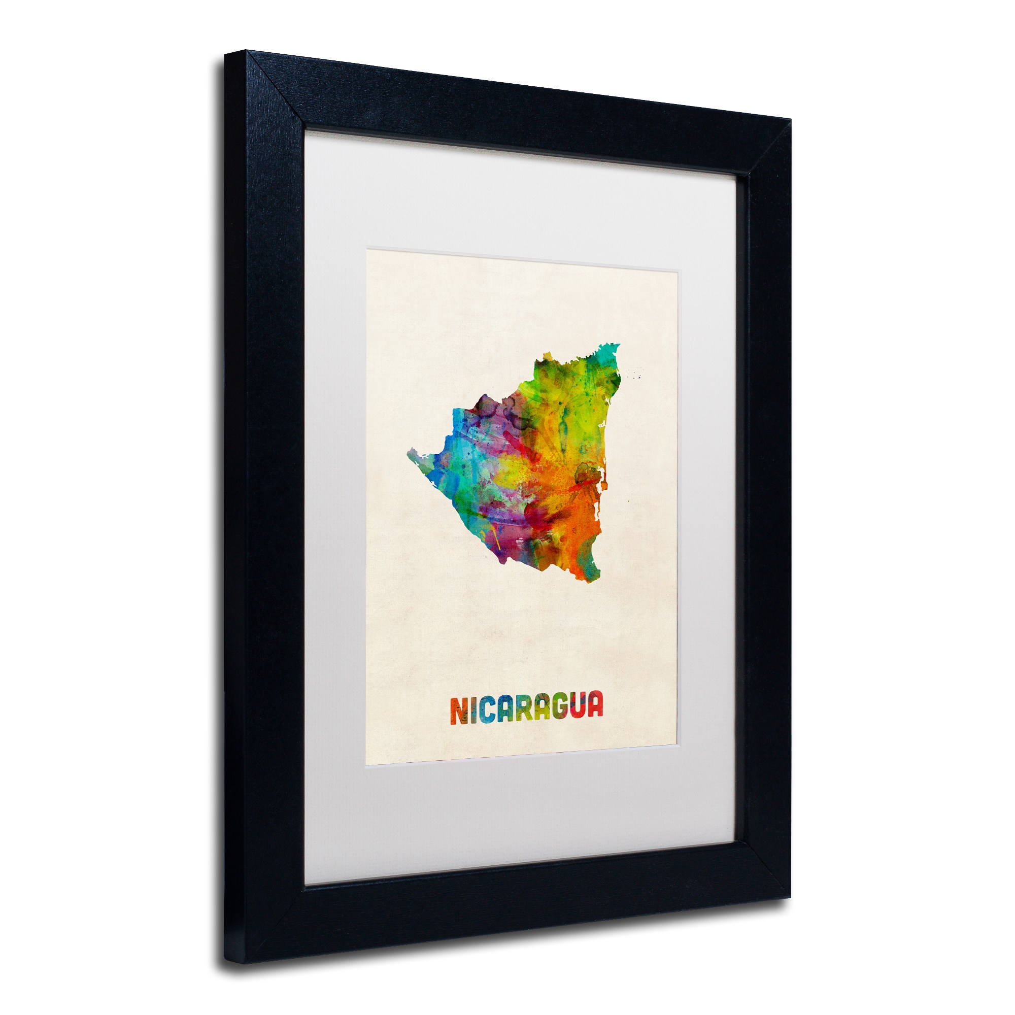 Trademark Fine Art ''Nicaragua Watercolor Map'' by Michael Tompsett 16" x 20" White Matted Black Frame (MT0749-B1620MF)