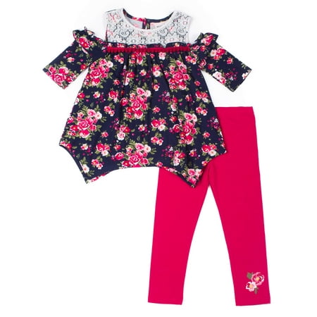 Floral Outfit Girl - Cold Shoulder Yummy Knit Floral Blouse & Leggings, 2-Piece Outfit Set (Toddler Girls)