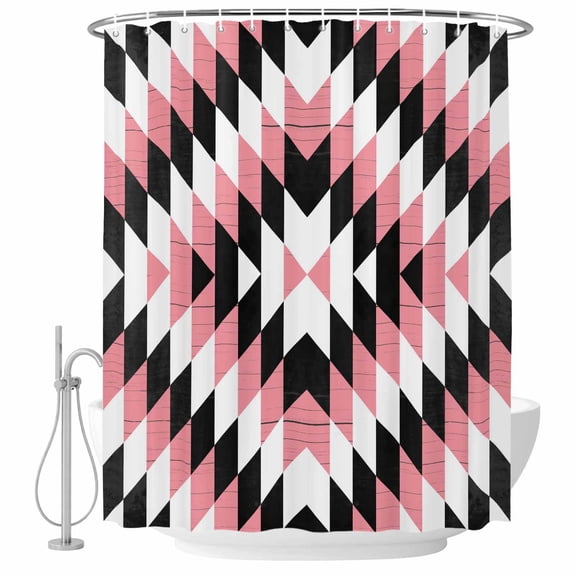 Polyester Fabric Pink Aztec Shower Curtain, Black White Southwest Retro Geometric Ethnic Waterproof Bathtub Curtain Bathroom Decor Set with Hooks 54 x 78 Inches