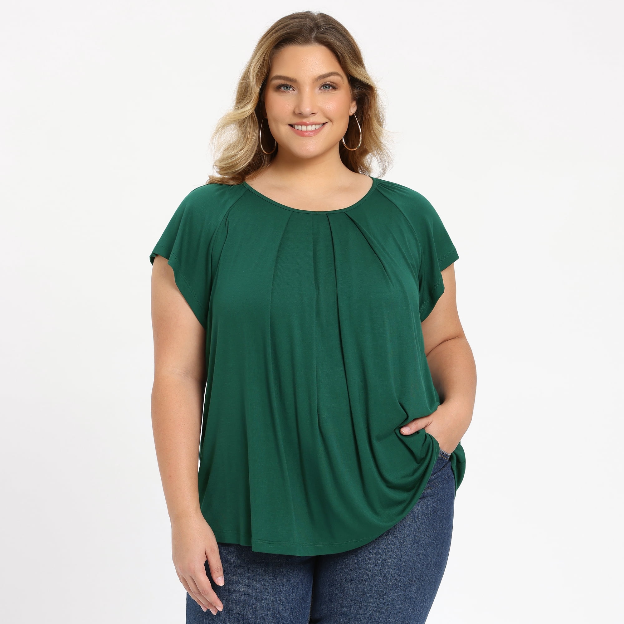 Women's Plus Summer Blouse Pleated Ruffle Sleeve Round Neck Loose Tops 3X Dark Green