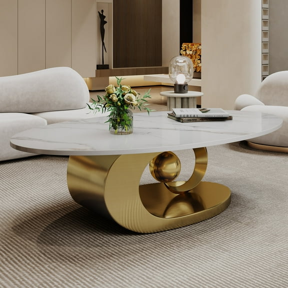 Sculptural Oval Marble Coffee Table | Faux Sintered Stone Top & Gold Stainless Steel Base | 49" Modern Luxury Living Room Furniture | Glossy White & Gold