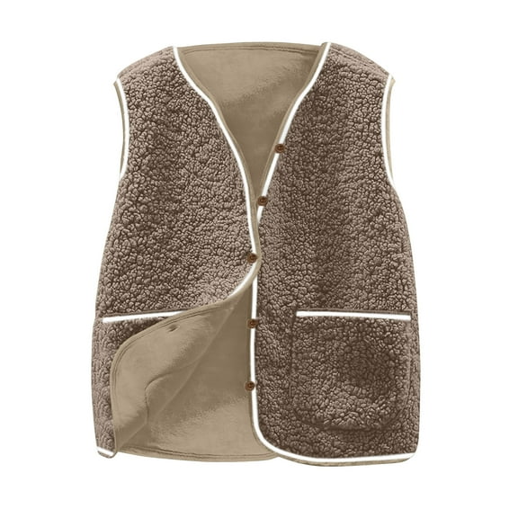 Htigea Fall Vest for Women Sherpa Sleeveless Jackets Short Button-Down Vests Teen Girl Cute Casual Coats with Pockets Brown S
